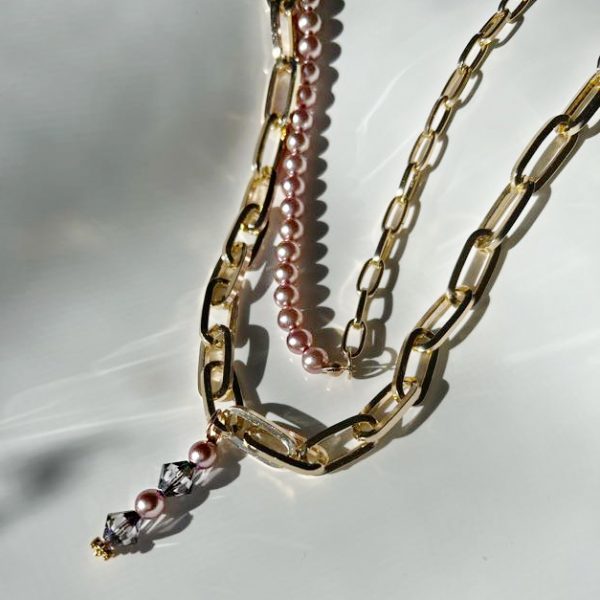 Elizé® Chains Collection - Swarovski® Crystal and Pearl Necklace - Antique Pink with Gold